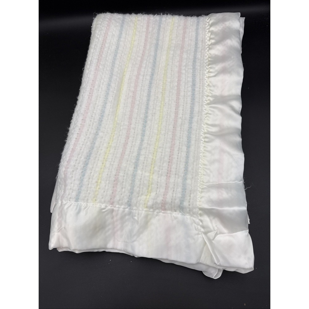 Vintage Chatham Baby Blanket Pastel Stripe Satin Trim 34" X 46" Blue Pink Yellow
